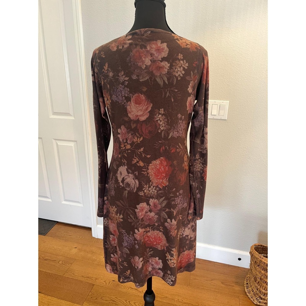 Muted Floral Knit Mini Dress Warm Tone Long Sleeve Scoop Neck Vintage XS - Picture 13 of 13